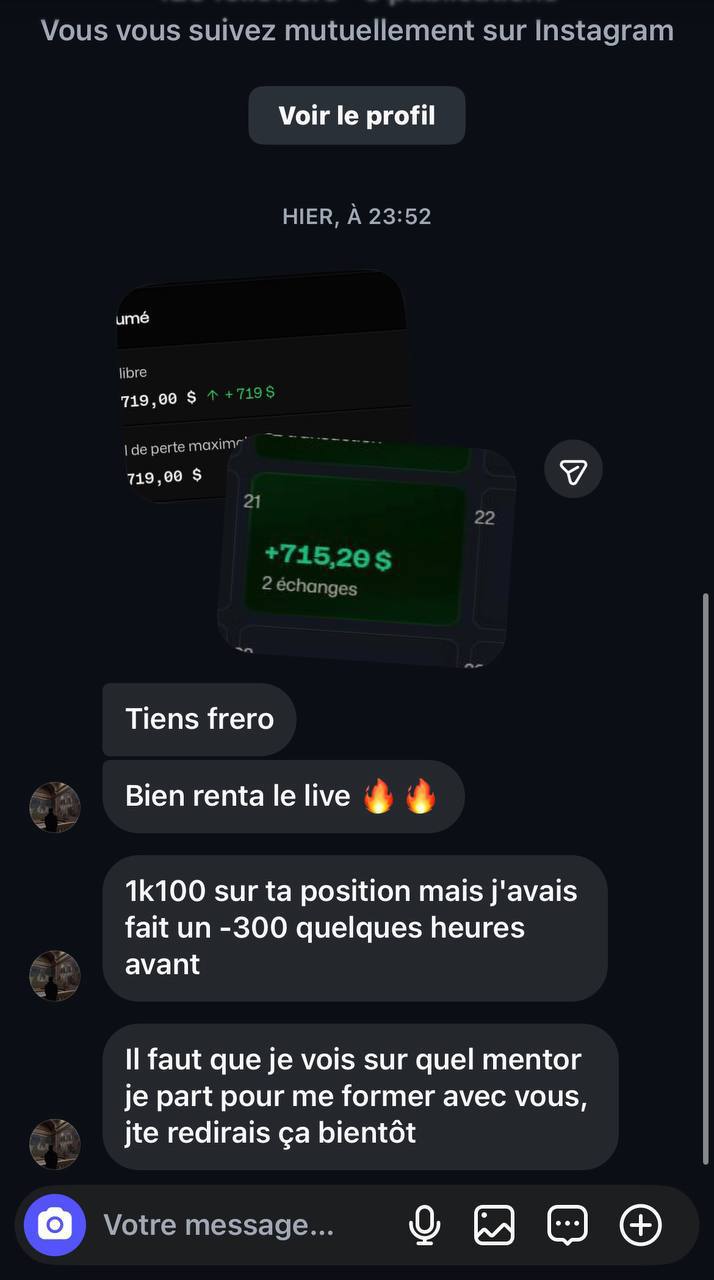 Conversation Instagram : retour sur un live avec gains et perte antérieure mentionnés